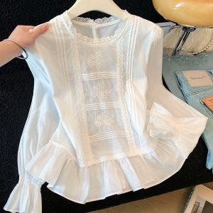 Korean Embroidered Accordion Pleat Shirt Women Round Neck Puff Long Sleeve Ruffle Soft Short Cotton Top