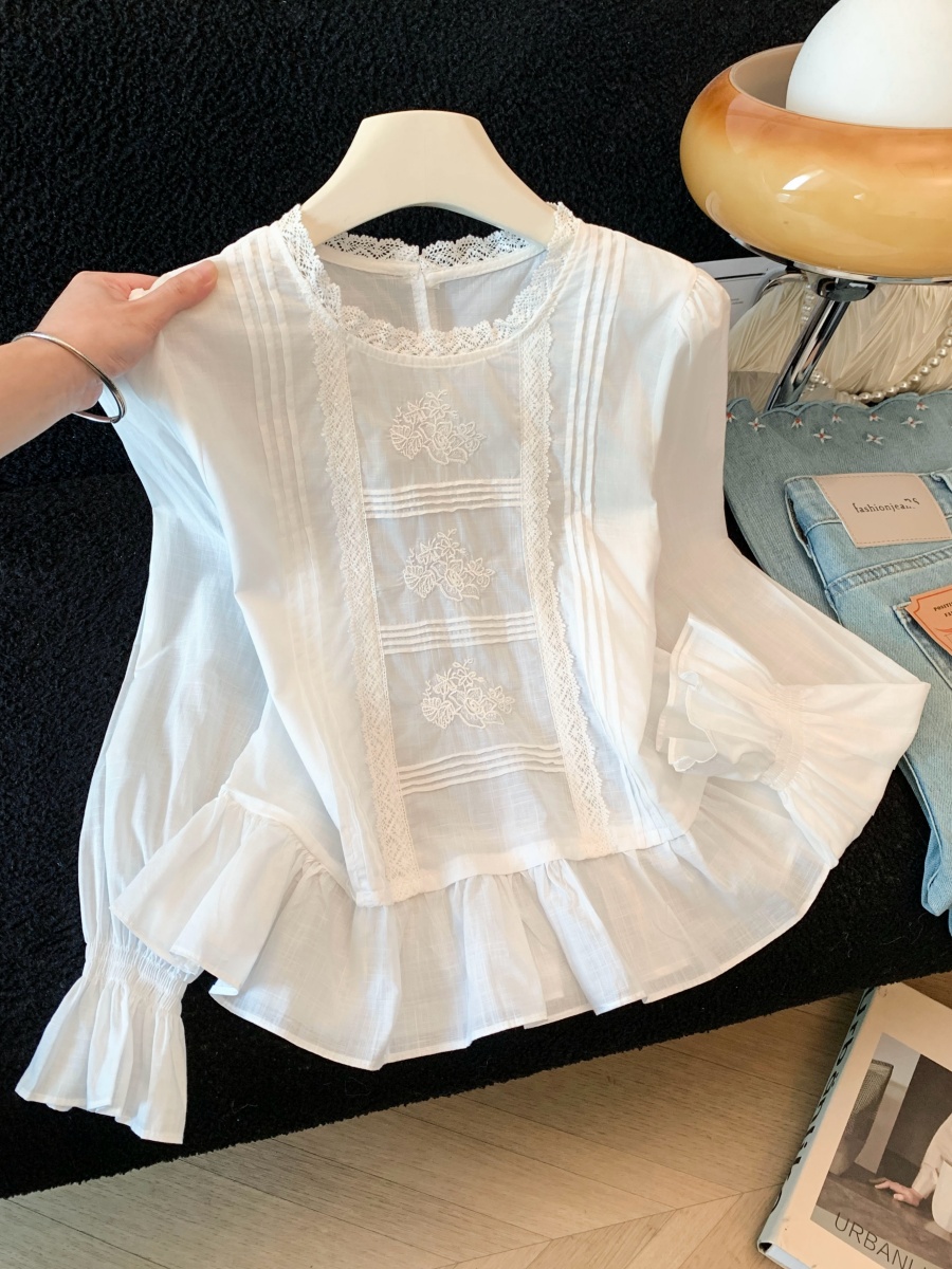 Korean Embroidered Accordion Pleat Shirt Women Round Neck Puff Long Sleeve Ruffle Soft Short Cotton Top