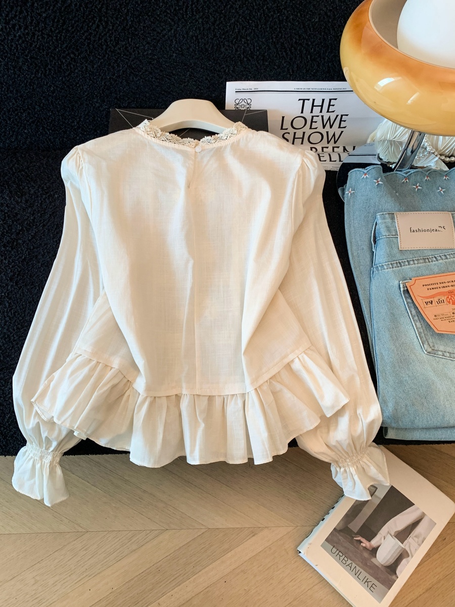 Korean Embroidered Accordion Pleat Shirt Women Round Neck Puff Long Sleeve Ruffle Soft Short Cotton Top - Image 4