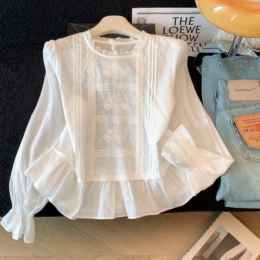 Korean Embroidered Accordion Pleat Shirt Women Round Neck Puff Long Sleeve Ruffle Soft Short Cotton Top - Image 5