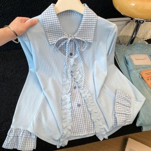 Women's Faux Two-Piece Plaid Spliced Long Sleeve Shirt Slim Fit Ruffle Top
