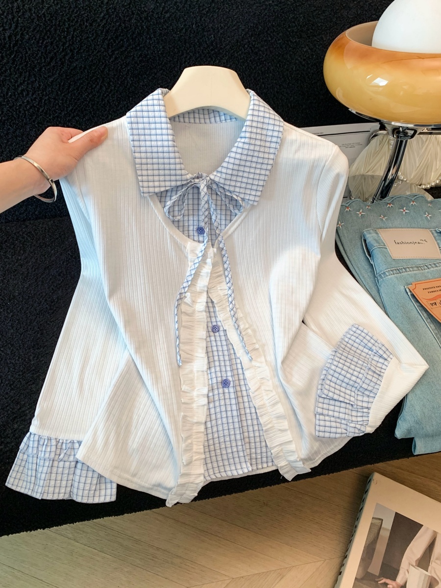 Women's Faux Two-Piece Plaid Spliced Long Sleeve Shirt Slim Fit Ruffle Top - Image 2