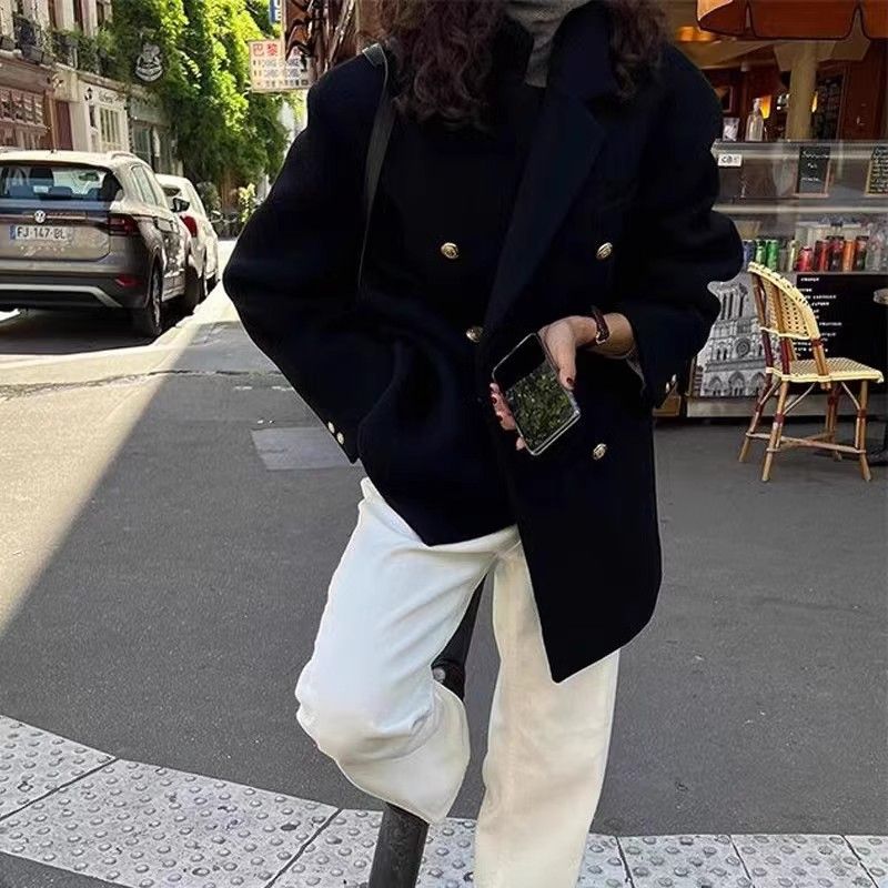 Women's Short Wool-Blend Blazer Coat Black Padded Thick Autumn Winter - Image 3