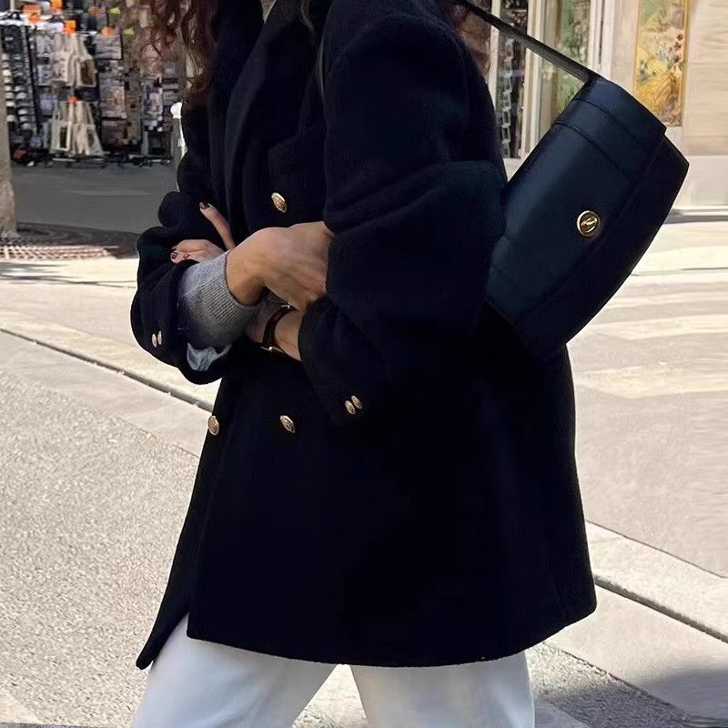 Women's Short Wool-Blend Blazer Coat Black Padded Thick Autumn Winter - Image 4