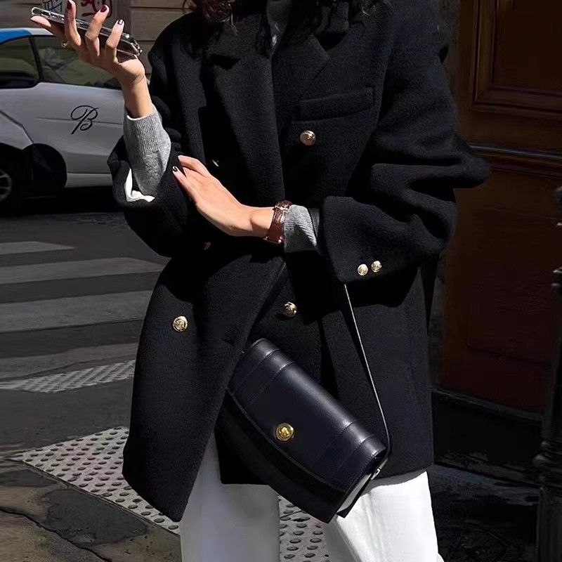 Women's Short Wool-Blend Blazer Coat Black Padded Thick Autumn Winter