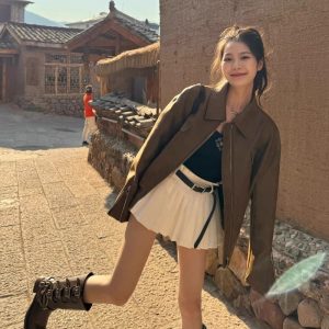 Brown Faux Leather Jacket for Women 2026 Fall Winter American Style
