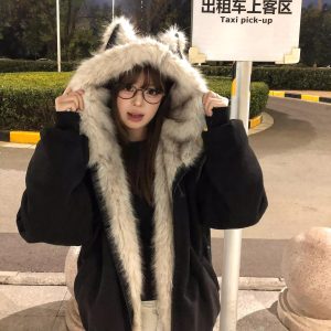 Black Faux Fur Collar Padded Jacket Women 2026 Winter Short Coat