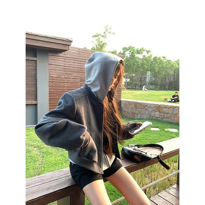 Women's Short Bomber Jacket 2026 Fall Korean Casual Grey Khaki - Image 4