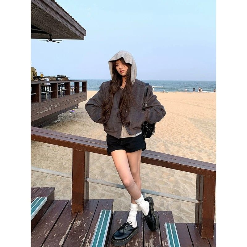 Women's Short Bomber Jacket 2026 Fall Korean Casual Grey Khaki - Image 2