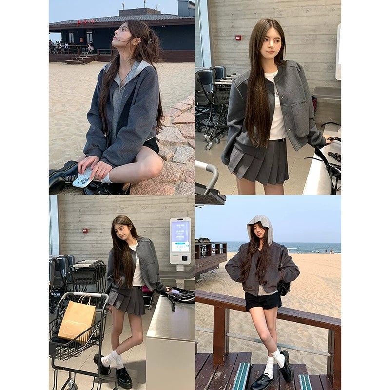 Women's Short Bomber Jacket 2026 Fall Korean Casual Grey Khaki