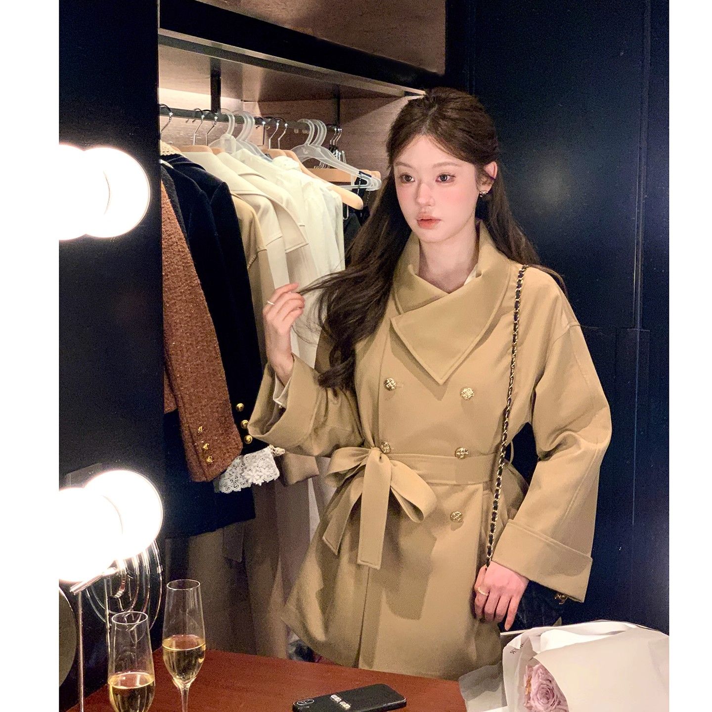 Women's Belted Waist Mid-Length Trench Coat Khaki Outerwear - Image 3