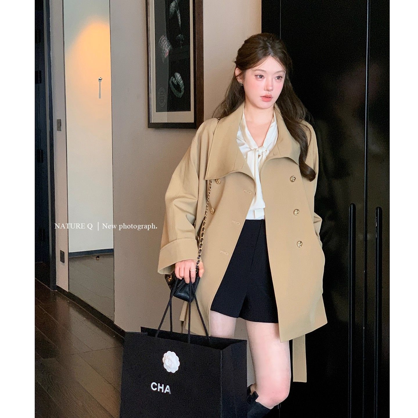 Women's Belted Waist Mid-Length Trench Coat Khaki Outerwear - Image 2