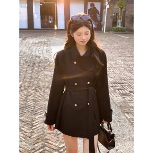 Women's Belted Waist Mid-Length Trench Coat Khaki Outerwear
