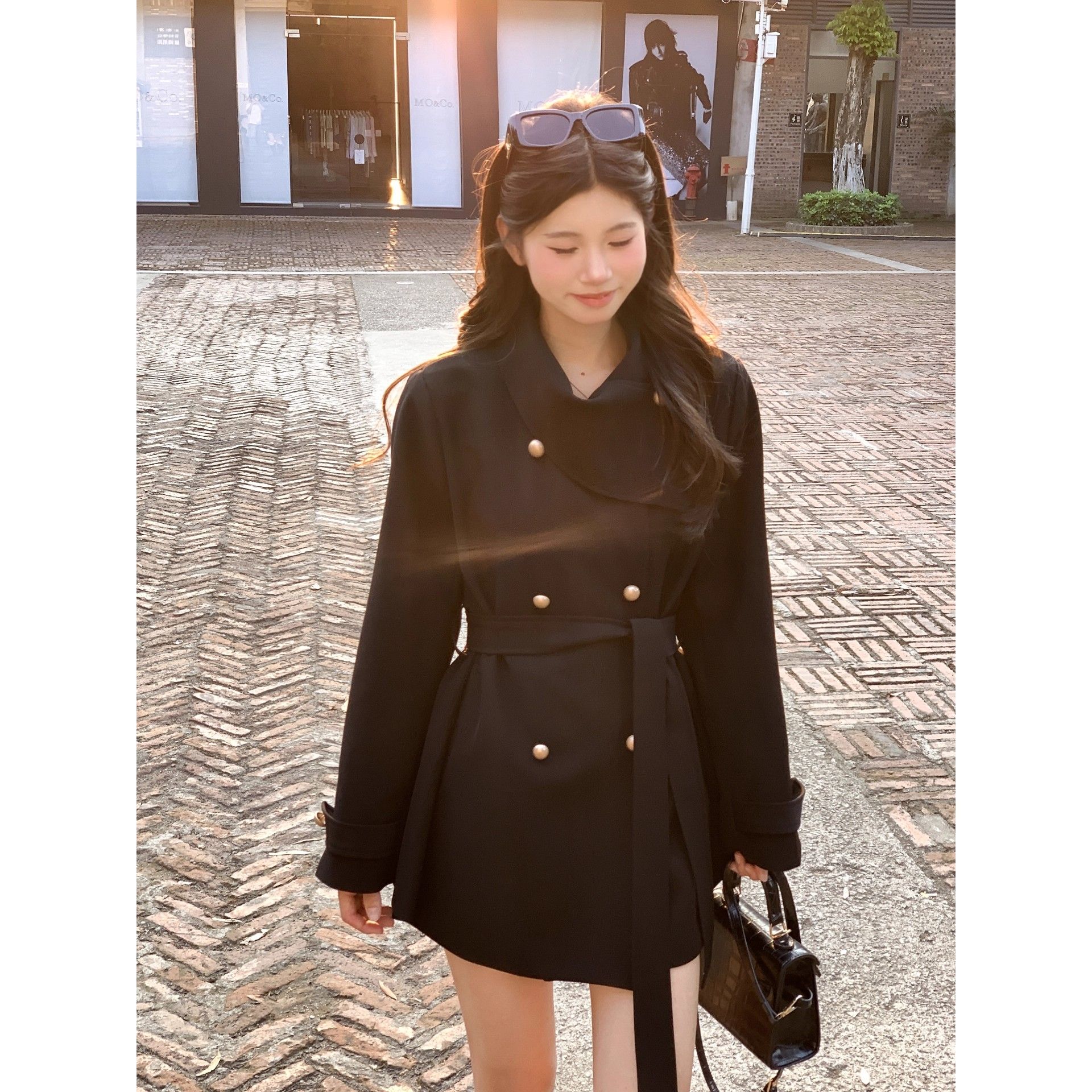 Women's Belted Waist Mid-Length Trench Coat Khaki Outerwear