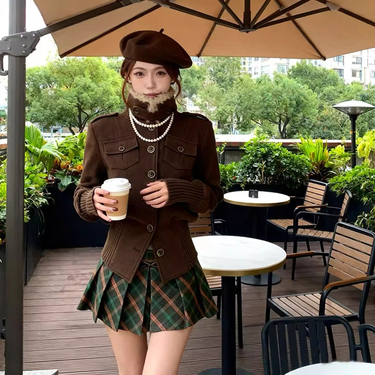 Women's Vintage Brown Faux Fur Collar Short Padded Jacket