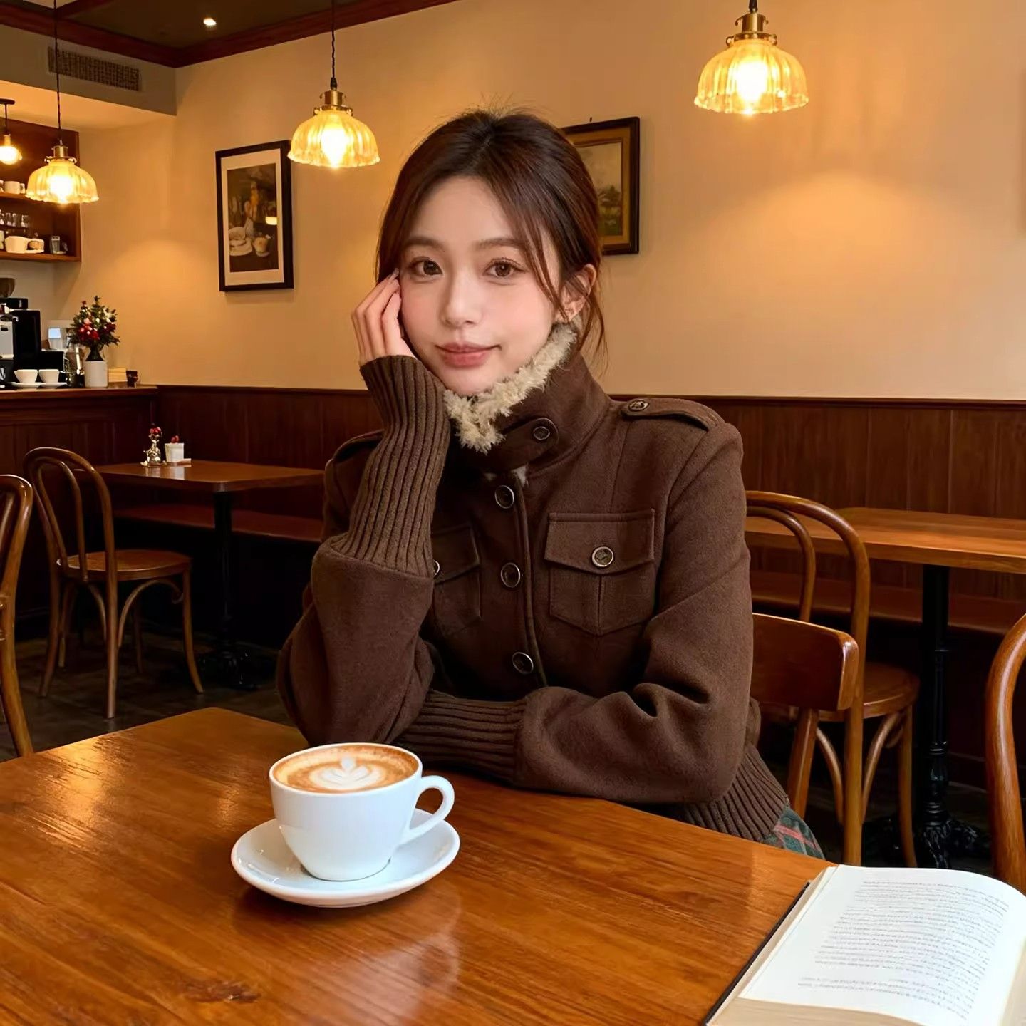 Women's Vintage Brown Faux Fur Collar Short Padded Jacket - Image 3