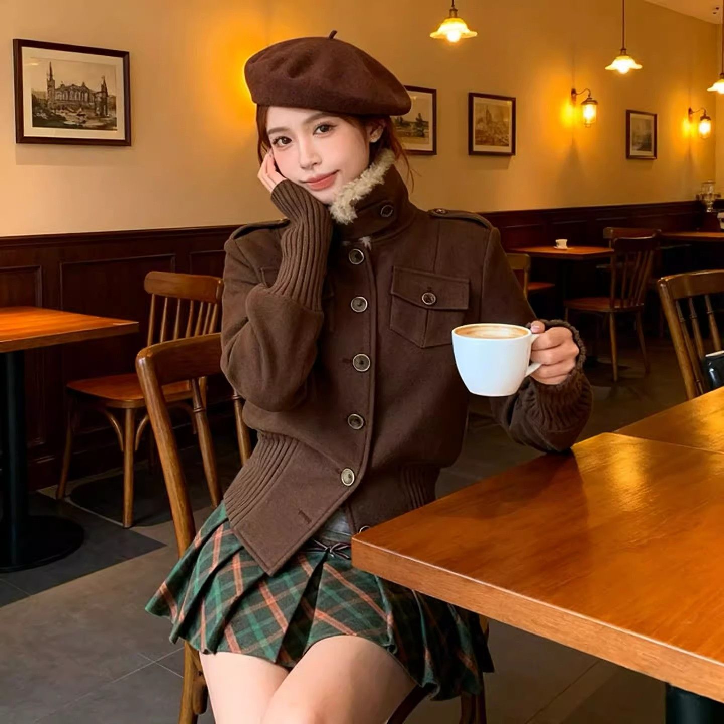 Women's Vintage Brown Faux Fur Collar Short Padded Jacket - Image 2