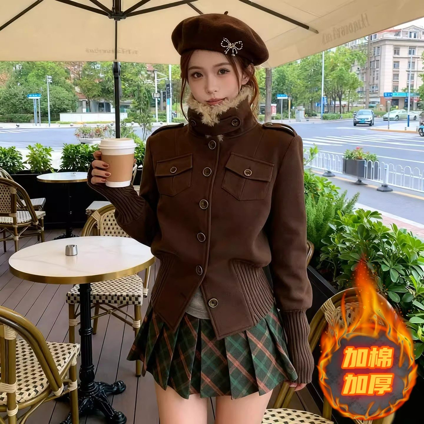 Women's Vintage Brown Faux Fur Collar Short Padded Jacket - Image 4