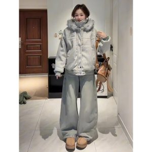 Women's Gray Hooded Padded Cotton Jacket with Faux Fur Trim