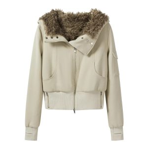 Women's Vintage Caramel Faux Fur Collar Short Jacket 2026 Winter Slim Warm Coat