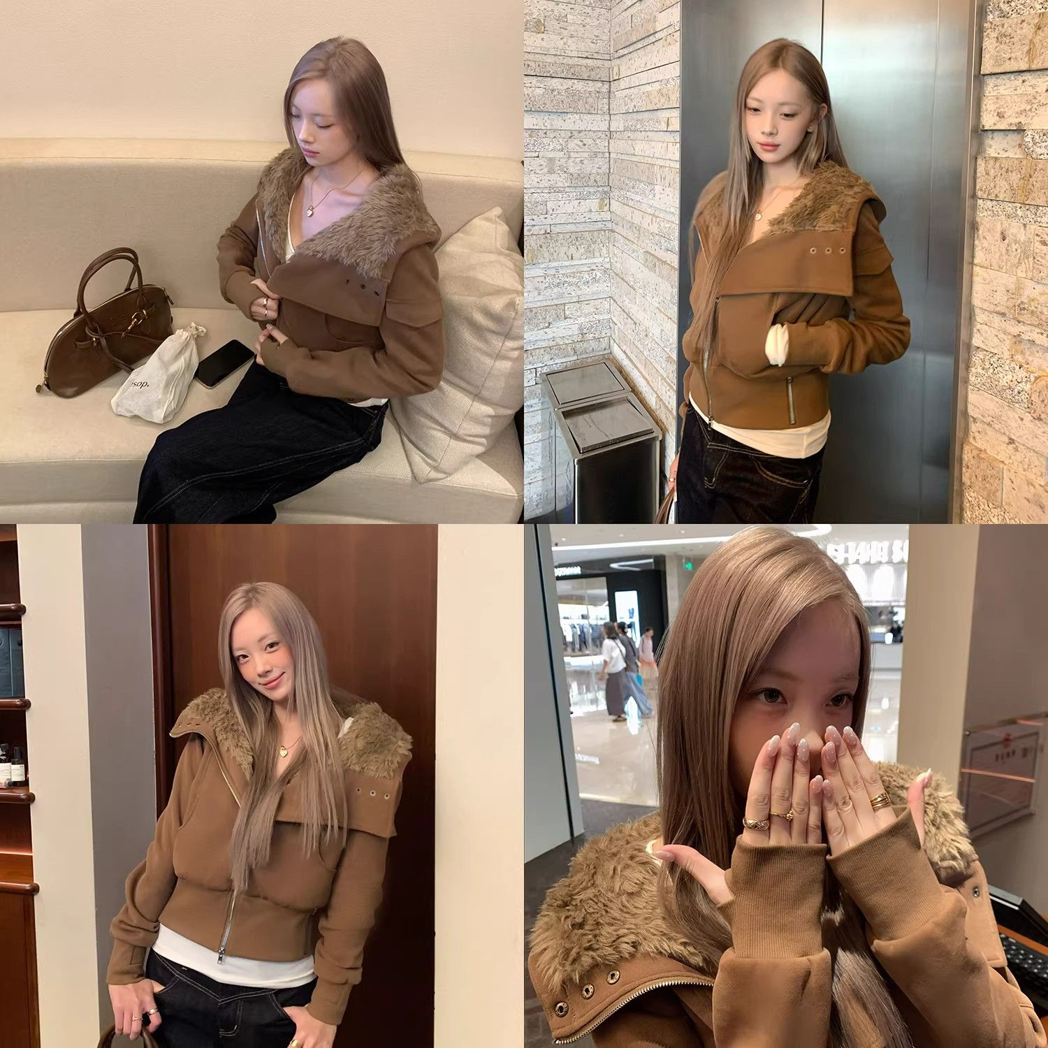 Women's Vintage Caramel Faux Fur Collar Short Jacket 2026 Winter Slim Warm Coat - Image 3