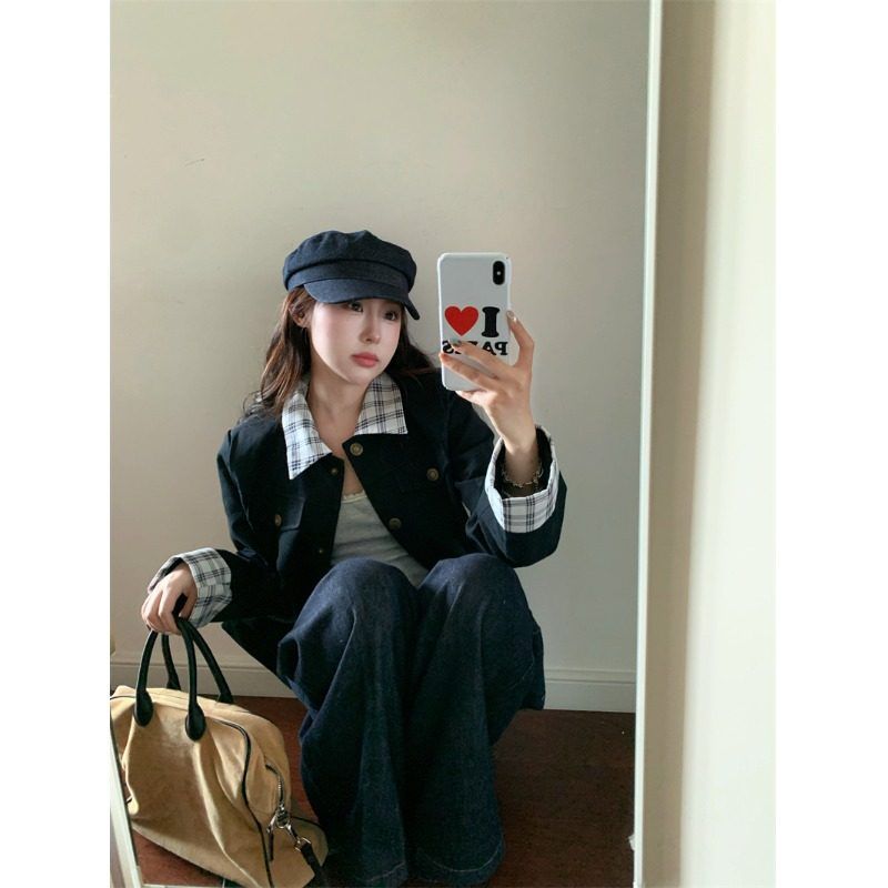 Women's Thick Titanium Cotton Fabric Short Plaid Jacket with Lining and Pockets - Navy Blue Patchwork Plaid - Image 2