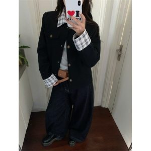 Women's Thick Titanium Cotton Fabric Short Plaid Jacket with Lining and Pockets - Navy Blue Patchwork Plaid